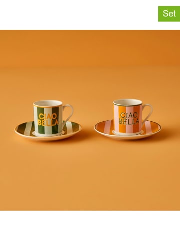 BELLA MAISON 2-delige set: espressokoppen "Line" wit/oranje/groen - 90 ml