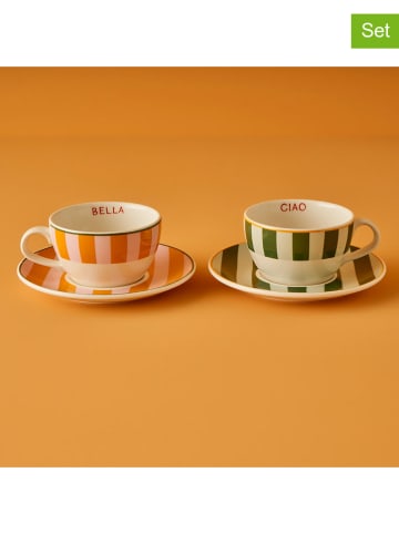 BELLA MAISON 2-delige set: koffiekoppen "Line" wit/oranje/groen - 270 ml