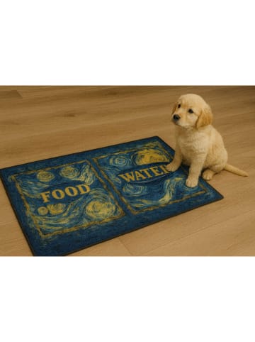 Paws&Whiskers Napfunterlage in Blau/ Gelb - (L)40 x (B)70 cm