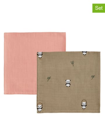 OYOY mini 2er-Set: Spucktücher "Panda" in Hellbraun/ Rosa - (L)70 x (B)70 cm