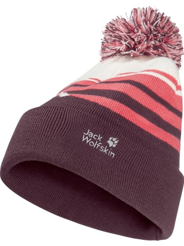Jack Wolfskin Czapka "Stripy Pompom" w kolorze jagodowo-różowo-kremowym