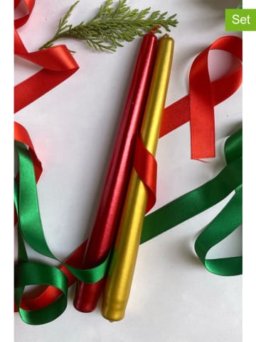 Lucky Bees 2-delige set: staafkaarsen rood/goudkleurig - 2x 60 g