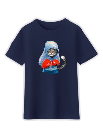 WOOOP Shirt "Boxing cat grey" in Dunkelblau