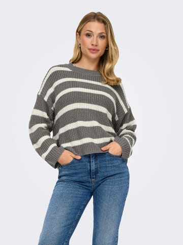JDY Pullover "Justy" in Grau/ Weiß