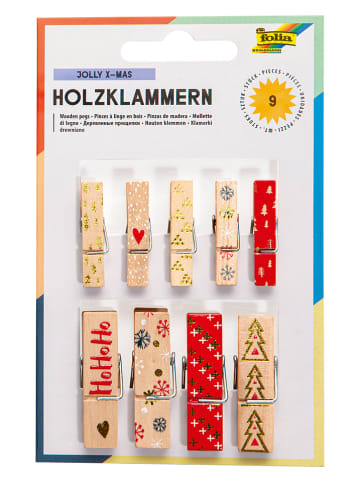 folia PAPER Houten knijpers "Xmas I" naturel/rood - 9 stuks
