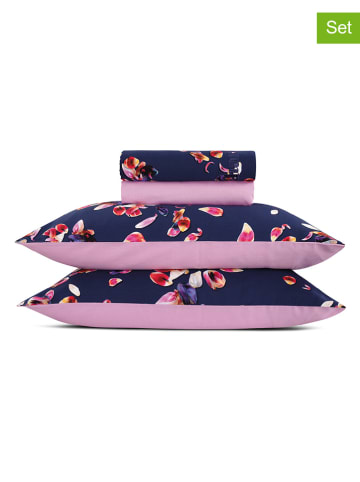 Cacharel 4-delige set: satijnen bedlaken en kussenslopen donkerblauw/lichtroze