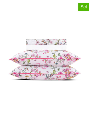 Cacharel 4tlg. Set: Satin-Bettlaken und Kissenbezüge in Weiß/ Rosa/ Grün