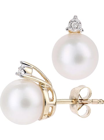 Diamant Exquis Gouden oorstekers met diamanten en zoetwaterkweekparels