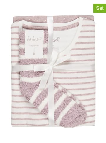 by Louise 2er-Set: Pyjama mit Kuschelsocken in Creme/ Rosa