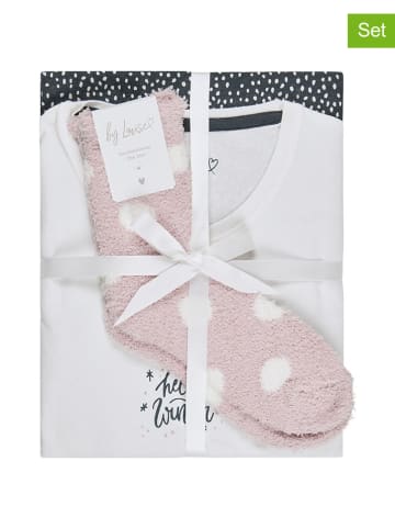 by Louise 2er-Set: Pyjama mit Kuschelsocken in Creme/ Dunkelblau/ Rosa