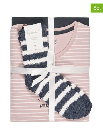 by Louise 2er-Set: Pyjama mit Kuschelsocken in Rosa/ Dunkelblau