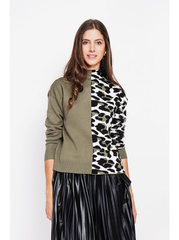 ASSUILI Pullover in Khaki/ Weiß/ Schwarz