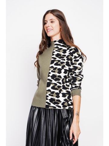 ASSUILI Pullover in Khaki/ Weiß/ Schwarz