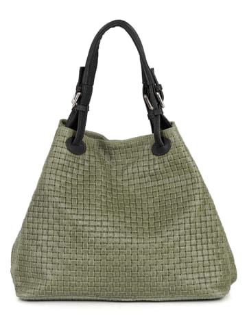 Lucca Baldi Leder-Henkeltasche "Fosdinovo" in Grün/ Schwarz - (B)45 x (H)37 x (T)15 cm