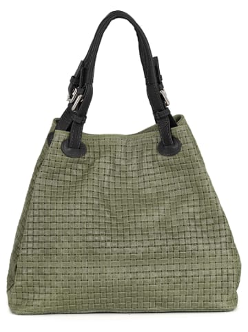 Lucca Baldi Leder-Henkeltasche "Fosdinovo" in Grün/ Schwarz - (B)45 x (H)37 x (T)15 cm