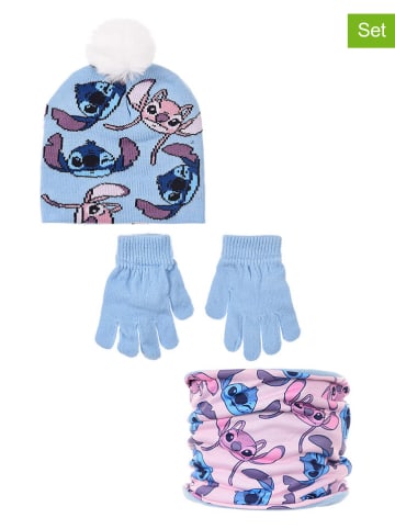 Lilo & Stitch 3tlg. Set: Mütze, Handschuhe & Loop-Schal "Lilo & Stitch" in Hellblau/ Rosa