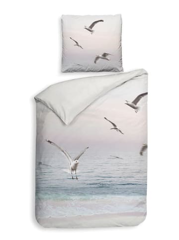 Heckett Lane Komplet pościeli satynowej "Esma" w kolorze biało-błękitnym