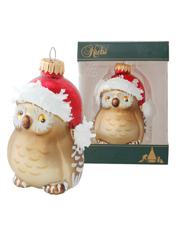Krebs Glas Lauscha Christbaumornament "Eule mit Weihnachtsmütze" in Hellbraun/ Rot - (L)9 cm