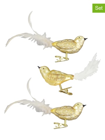Krebs Glas Lauscha Kerstboomversiering "Glazen vogels" goudkleurig/wit - 3 stuks