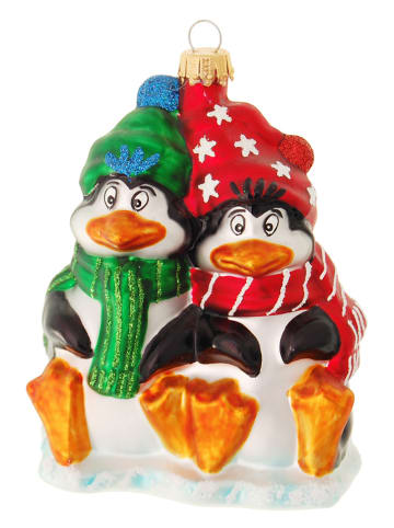 Krebs Glas Lauscha Christbaumornament "Frierende Pinguine" in Bunt - (L)11 cm