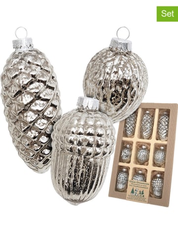 Krebs Glas Lauscha Kerstboomversiering "Noten en kegels" zilverkleurig - 9 stuks
