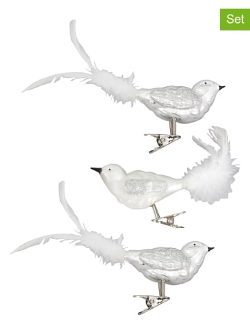 Krebs Glas Lauscha Kerstboomversiering "Glazen vogels" wit/zilverkleurig - 3 stuks