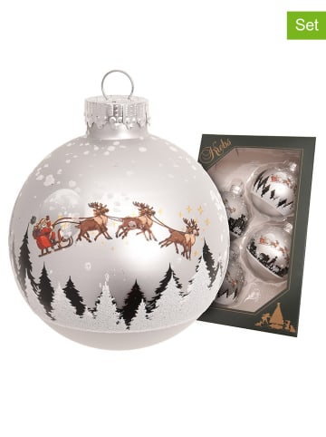 Krebs Glas Lauscha Christbaumkugeln "Santa mit Rentieren" in Silber - 4 Stück - Ø 7 cm
