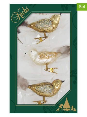 Krebs Glas Lauscha Christbaumornamente "Vogel" in Gold - 3 Stück