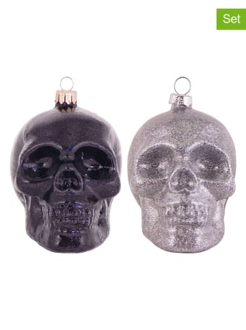 Krebs Glas Lauscha Kerstboomversiering "Skull" zwart/zilverkleurig - 2 stuks