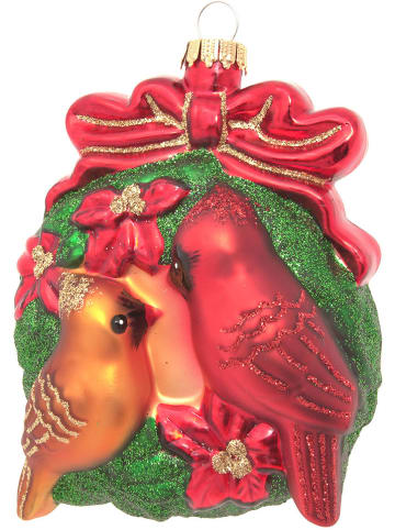 Krebs Glas Lauscha Christbaumornament "Kardinalvogelpärchen" in Rot/ Grün - (L)9 cm