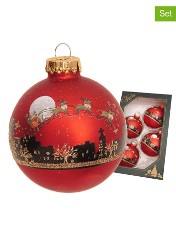 Krebs Glas Lauscha Christbaumkugeln "Santa mit Rentieren" in Rot - 4 Stück - Ø 7 cm