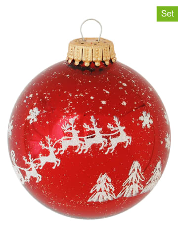 Krebs Glas Lauscha Christbaumkugeln "Santa mit seinen Rentieren" in Rot - 4 Stück - Ø 7 cm