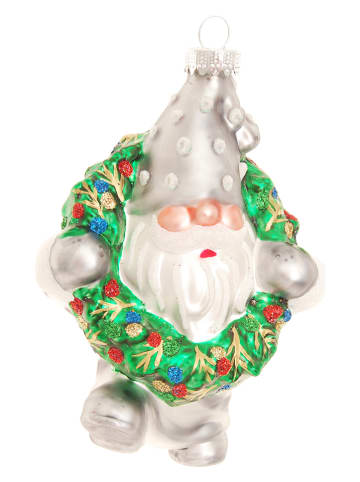 Krebs Glas Lauscha Christbaumornament "Zwerg mit Weihnachtskranz" in Silber/ Grün - (L)12 cm