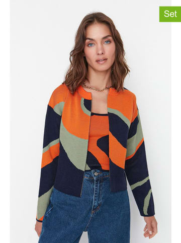 trendyol 2tlg. Set: Cardigan und Top in Dunkelblau/ Grün/ Orange