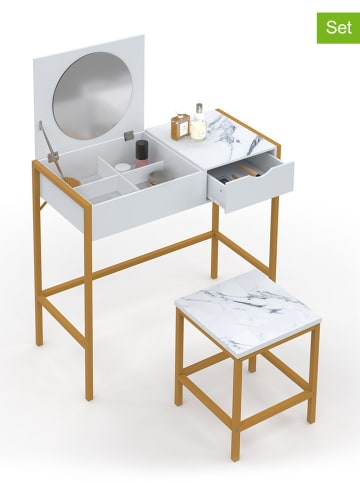 IDOMYA Essentials 2tlg.Set: Make-Up-Tisch mit Hocker "Glam" in Weiß/ Gold