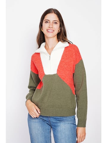 C& Jo Sweter w kolorze oliwkowo-czerwono-białym