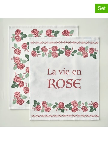 BELLA MAISON 2-delige set: theedoeken wit/lichtroze - (L)50 x (B)40 cm