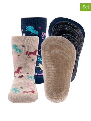 ewers 2er-Set: ABS-Socken "Einhorn" in Beige/ Dunkelblau