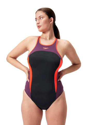 Speedo Badeanzug "Eco+" in Schwarz/ Orange/ Lila