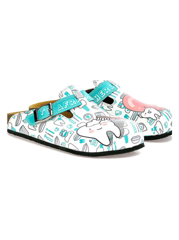 Calceo Clogs in Weiß/ Türkis