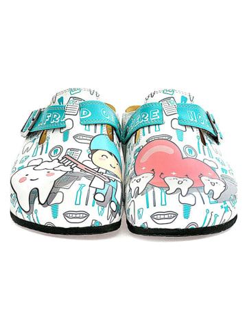 Calceo Clogs in Weiß/ Türkis