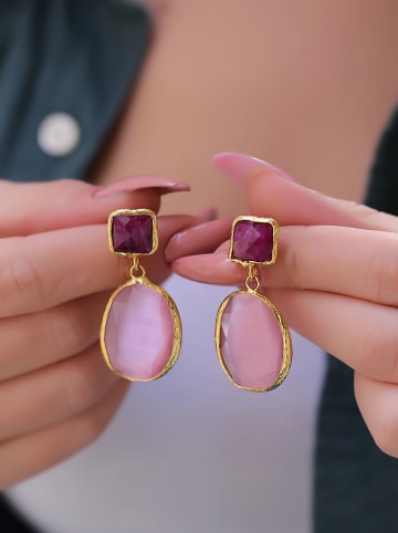 Pierres delicates Pozłacane kolczyki-wkrętki z kocim okiem i agatami