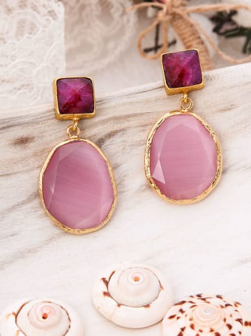 Pierres delicates Pozłacane kolczyki-wkrętki z kocim okiem i agatami