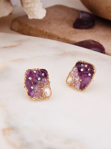 Pierres delicates Pozłacane kolczyki-wkrętki z perłami i kamieniami szlachetnymi