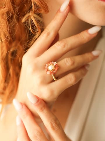 Pierres delicates Pozłacany pierścionek z perłą i agatami