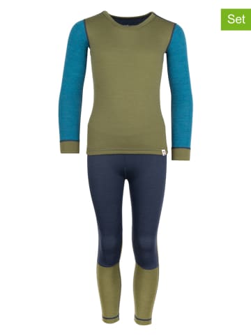 Trollkids 2-delige functionele ondergoedset "Merino" kaki/donkerblauw