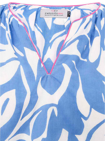 Zwillingsherz Bluse "Blätter" in Blau/ Weiß