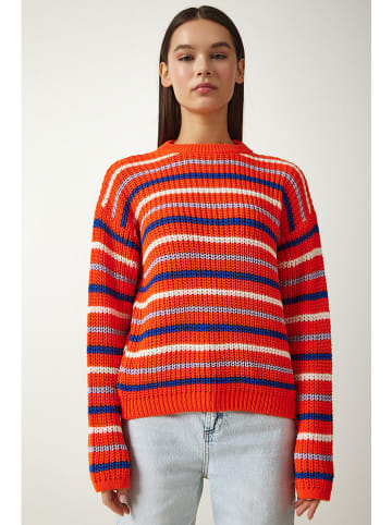 Happiness Istanbul Pullover in Dunkelblau/ Creme/ Orange