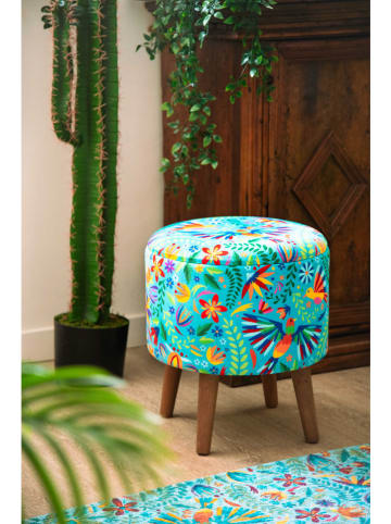 EXCELSA Hocker "Mexican Flowers" w kolorze błękitnym ze wzorem - wys. 45 x Ø 37 cm