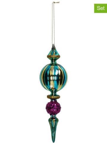 Kersten 2-delige set: kerstballen "Icicle" paars/cyaan/goudkleurig - (H)23 cm